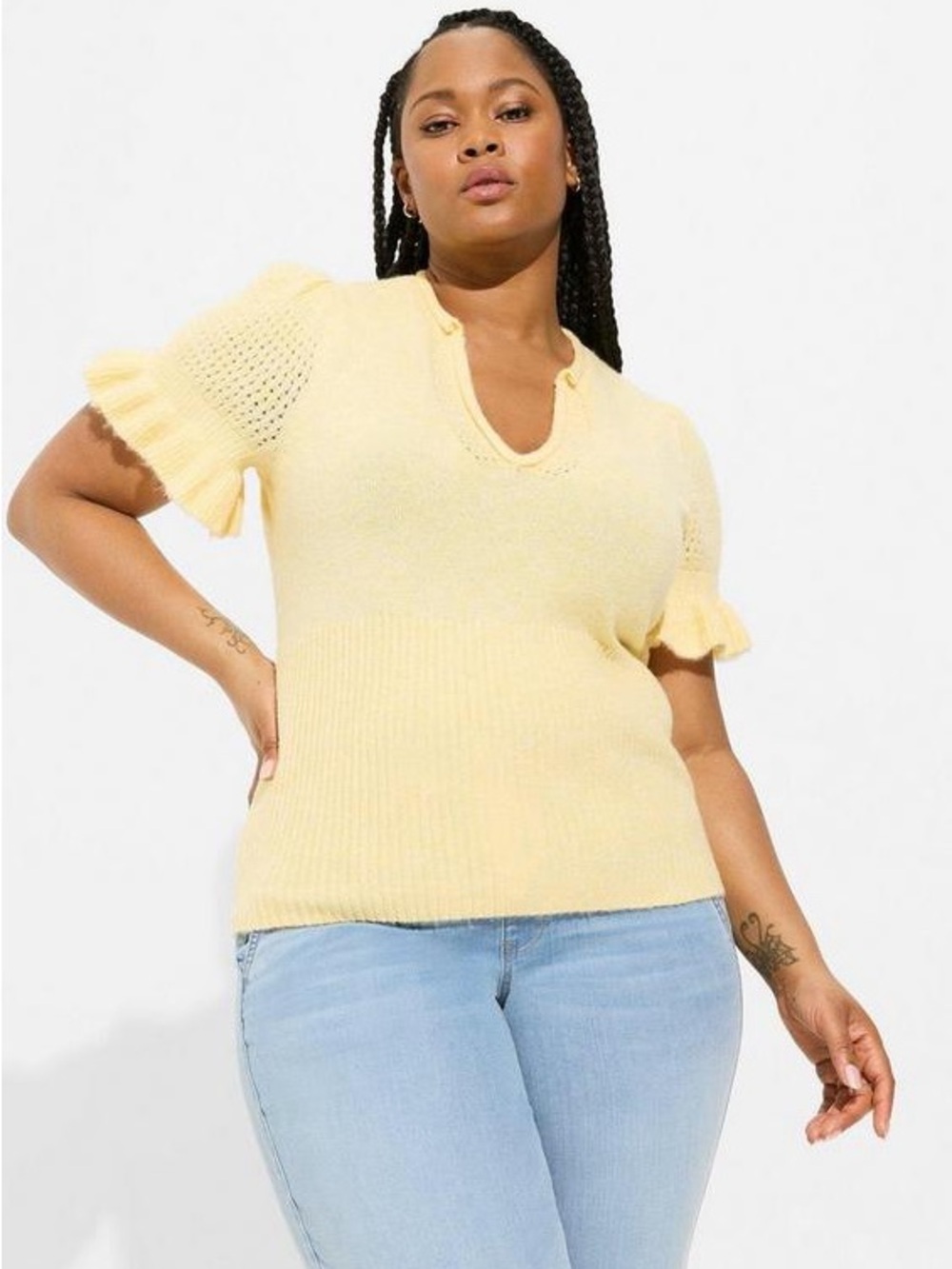 Torrid Yellow Ruffle Sleeve Knit Sweater Top Size 2 Plus Soft V-Neck Pullover
